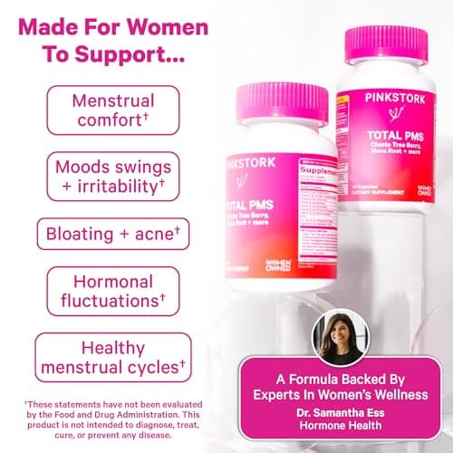 Pink Stork PMS Supplement for Women - Vitex, Ashwagandha, Maca Root & 10 Vitamins & Minerals to Support Hormone Balance, Mood, Bloating, Period Regularity - 60 Capsules