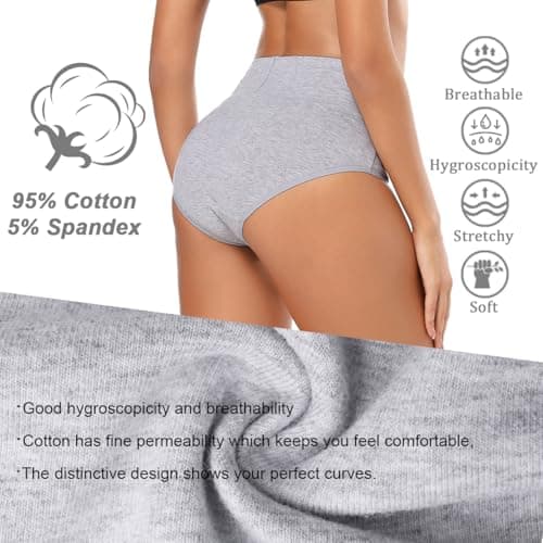 Molasus Women's Soft Cotton Underwear Briefs High Waisted Postpartum Panties Ladies Full Coverage Plus Size Underpants Grey,Size 7