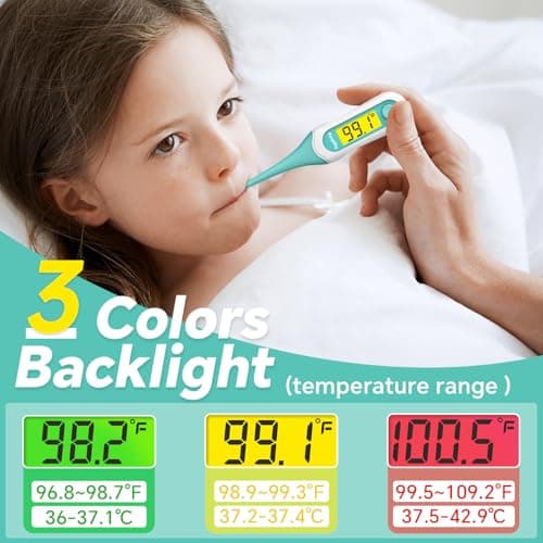 Digital Oral Thermometer, 8s Fast Reading Thermometer for Adults and Kids with 3 Color Backlit and Fever Alarm for Oral, Rectal, Underarm