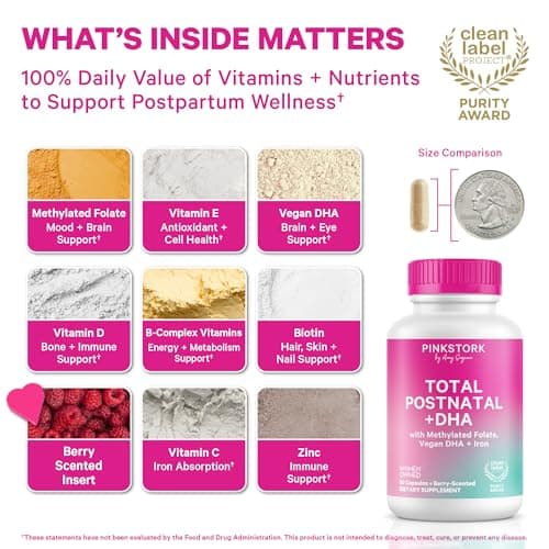Pink Stork Total Postnatal Vitamins for Women | Vegan DHA, Iron, Folate, B12 | Postpartum Recovery Essentials | Lactation Support for Breastfeeding Moms | Clean Label Award Winner- 60 Capsules, Berry