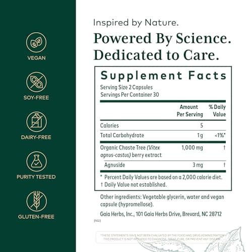 Gaia Herbs Pro Vitex PRO- Supplement Supports Normal Menstrual Cycle & Healthy Menopause* - Progesterone Support Supplement* with Organic Chaste Tree Berry Extract - 60 Liquid Phyto-Caps (30 Servings)