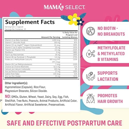 Mama's Select Postnatal Vitamins – Boosts Hair Recovery, Milk Supply, & Wellness – Allergen-Free, Vegan, MTHFR Friendly, Methylated Folate & B Vitamins, Easy-to-Swallow, No Biotin - 30 Capsules