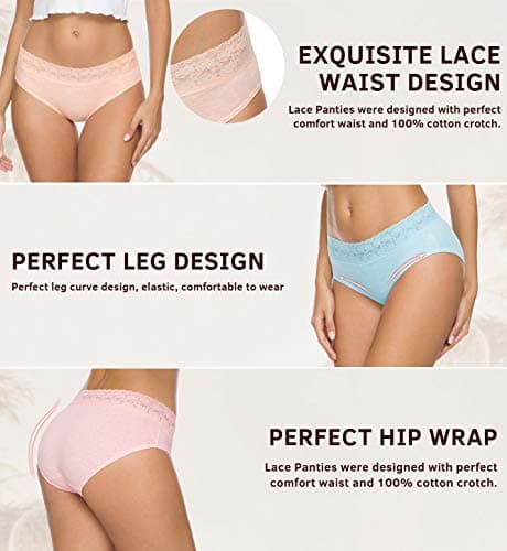 GNEPH Women's Cotton Underwear Soft Lace Bikini Panties Hipster Panty 5 Pack (Light)