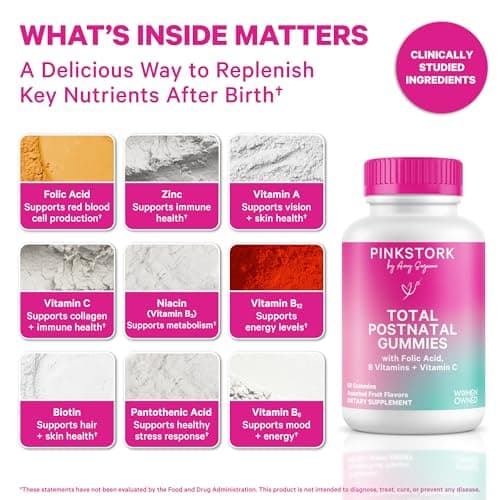 Pink Stork Total Postnatal Vitamin Gummies - Multivitamin for Postpartum Recovery and Lactation Support - Folic Acid, B6, and Vitamin C - Postpartum Essentials - 60 Gummy Vitamins