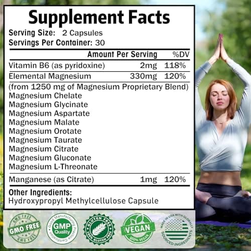 Magnesium Supplement with 9 Forms of High Absorption Magnesium Glycinate, L-threonate, Citrate, Malate and More for Muscle, Brain Support, Non-GMO, Gluten & Soy Free, 60 Capsules
