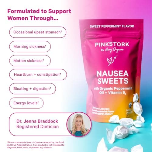 Pink Stork Organic Peppermint Sweets for Morning Sickness and Motion Sickness Support, Added Vitamin B6, 1st Trimester Pregnancy Must Haves - 30 Wrapped Peppermint Candies