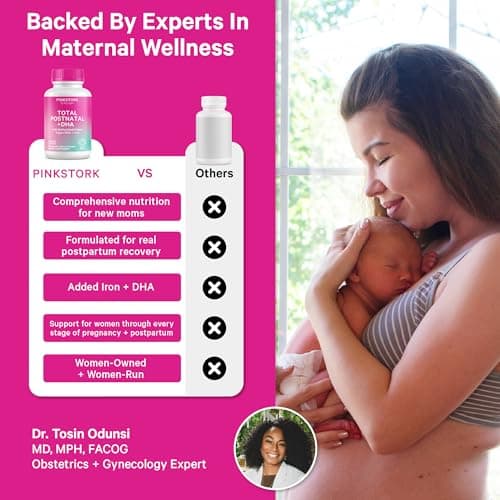 Pink Stork Total Postnatal Vitamins for Women | Vegan DHA, Iron, Folate, B12 | Postpartum Recovery Essentials | Lactation Support for Breastfeeding Moms | Clean Label Award Winner- 60 Capsules, Berry