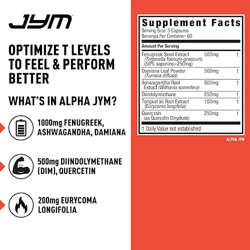 Alpha JYM Testosterone Support | Male Vitality, Health Optimization, Ashwagandha, Fenugreek, Eurycoma, Damiana, Quercetin, DIM | JYM Supplemental Science | 180 Vegetarian Capsules