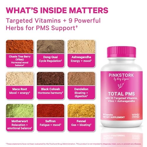 Pink Stork PMS Supplement for Women - Vitex, Ashwagandha, Maca Root & 10 Vitamins & Minerals to Support Hormone Balance, Mood, Bloating, Period Regularity - 60 Capsules