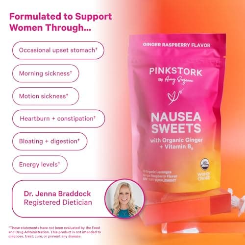 Pink Stork Organic Ginger Raspberry Sweets with Vitamin B6 for Morning Sickness and Motion Sickness, Added Ginger & Vitamin B6, 1st Trimester Pregnancy Must Haves - 30 Wrapped Candies