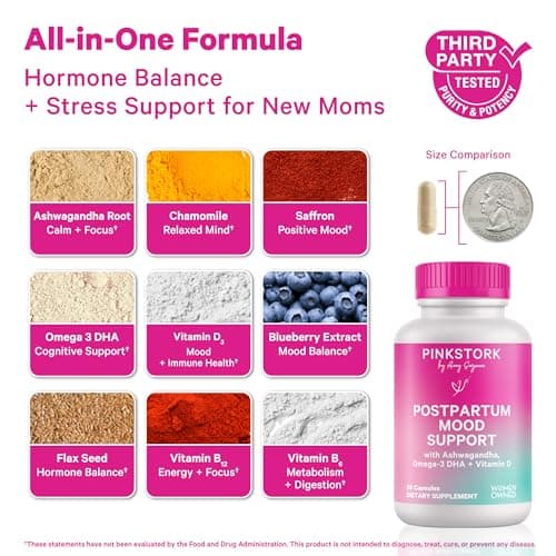 Pink Stork Postpartum Mood Support - Postnatal Hormone Balance for Women - Breastfeeding Friendly - Stress & Cognitive Support, New Mom Essentials - Ashwagandha, Chamomile, Vitamin D, 60 Capsules
