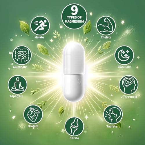 Magnesium Supplement with 9 Forms of High Absorption Magnesium Glycinate, L-threonate, Citrate, Malate and More for Muscle, Brain Support, Non-GMO, Gluten & Soy Free, 60 Capsules