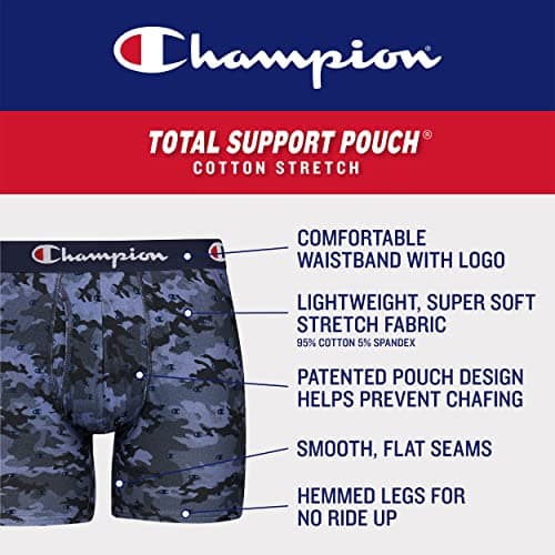 Champion Men's Underwear Boxer Briefs, Total Support Pouch, Cotton Stretch- 4 Pack