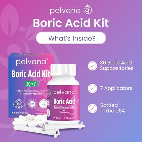 Pelvana Boric Acid Suppositories for Women - 30 Count + 7 Applicators - 600mg Boric Acid Capsules for Vaginal Odor Use