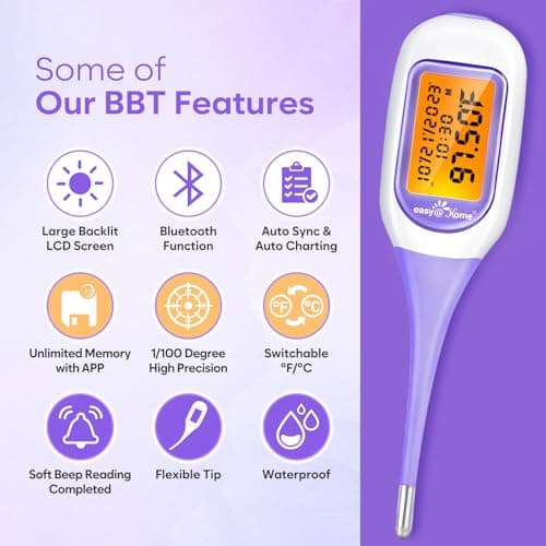Easy@Home Smart Basal Thermometer, Large Screen and Backlit, Period Tracker with Premom (iOS & Android) - Auto BBT Sync, Charting, Coverline, Accurate Fertility Prediction EBT-300 Purple
