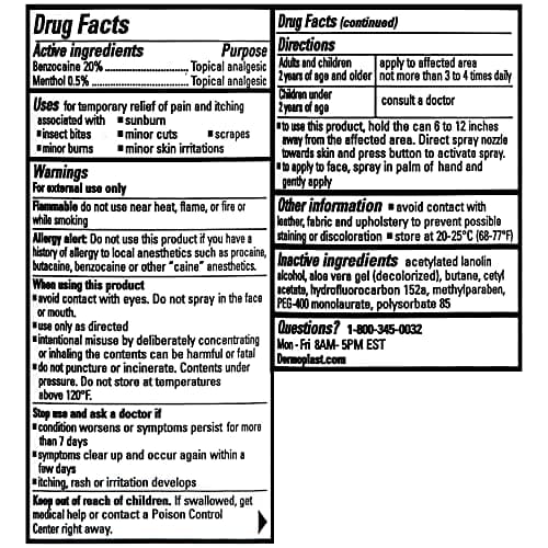 Dermoplast Pain, Burn & Itch Relief Spray for Minor Cuts, Burns and Bug Bites, 2.75 Oz, Pack of 2 (Packaging May Vary)